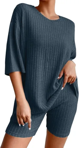 Pajamas 2 Piece Lounge Sets Ribbed Knit Matching Outfits T-Shirt Biker Shorts Sleepwear Loungewear Sweatsuits