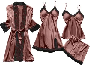 Pajamas for Women Silk Pajama Set 4pcs Robe Lingerie Satin Sleepwear Nightdress Lace Nightgown Sexy Set