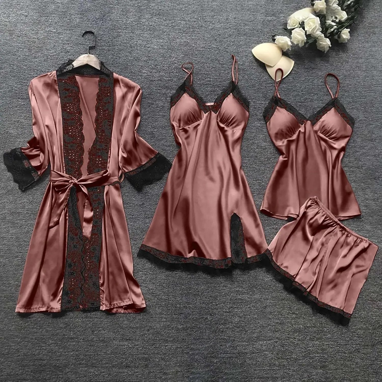 Pajamas for Women Silk Pajama Set 4pcs Robe Lingerie Satin Sleepwear Nightdress Lace Nightgown Sexy Set