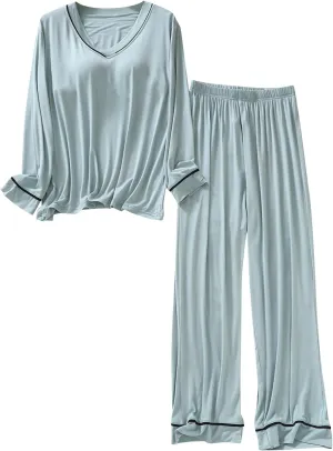 Pajamas for Women Two Piece Modal Loungewear Casual Long Sleeve Top and Pants Sleepwear PJ Set with Built-in Bra