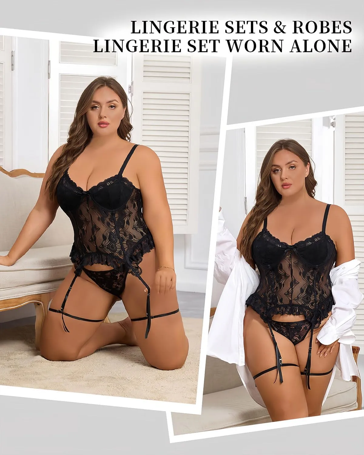 Plus Size Lingerie Set, Black Lace Bodysuit, Push-up, D Cup, Plus Size Women's Lingerie
