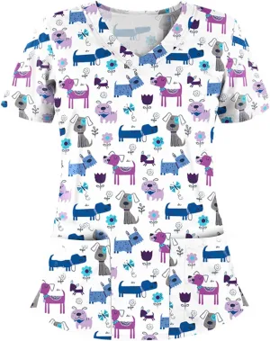 Plus Size Scrubs for Women Cartoon Cute Printed Scrub Tops Women Medical Nursing Tops Stretchy Scrub Shirts for Women