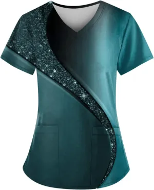 Plus Size Scrubs for Women Cartoon Cute Printed Scrub Tops Women Medical Nursing Tops Stretchy Scrub Shirts for Women