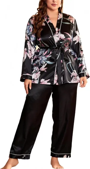 Plus Size Silk Pajamas Set For Women Satin Short Robes & Pants