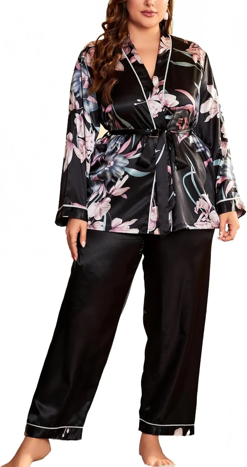 Plus Size Silk Pajamas Set For Women Satin Short Robes & Pants