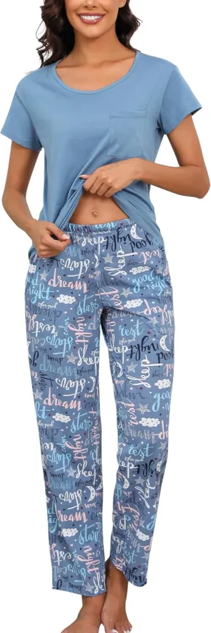PNAEONG Womens Pajama Sets Cotton Lounge Sets for Women Short Sleeve Top With Pants 2 Piece pj sets With Pocket