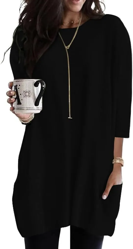 Poetsky Womens 3/4 Sleeve Tunics or Tops to Wear with Leggings Long Shirts Tops with Pockets
