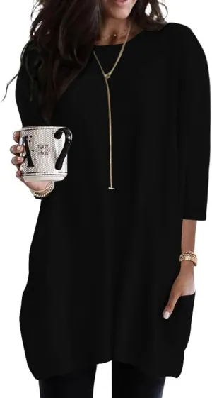 Poetsky Womens 3/4 Sleeve Tunics or Tops to Wear with Leggings Long Shirts Tops with Pockets