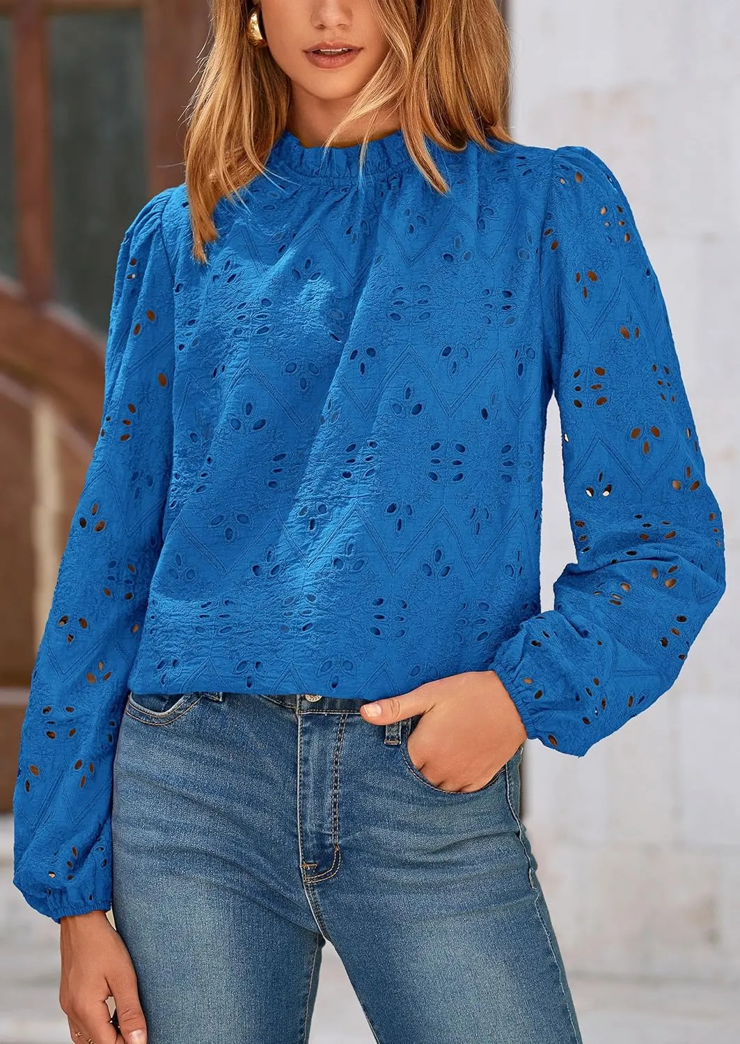 PRETTYGARDEN Tops for Women Trendy 2025 Spring Long Sleeve Blouses Dressy Casual Embroidered Eyelet Going Out Shirts