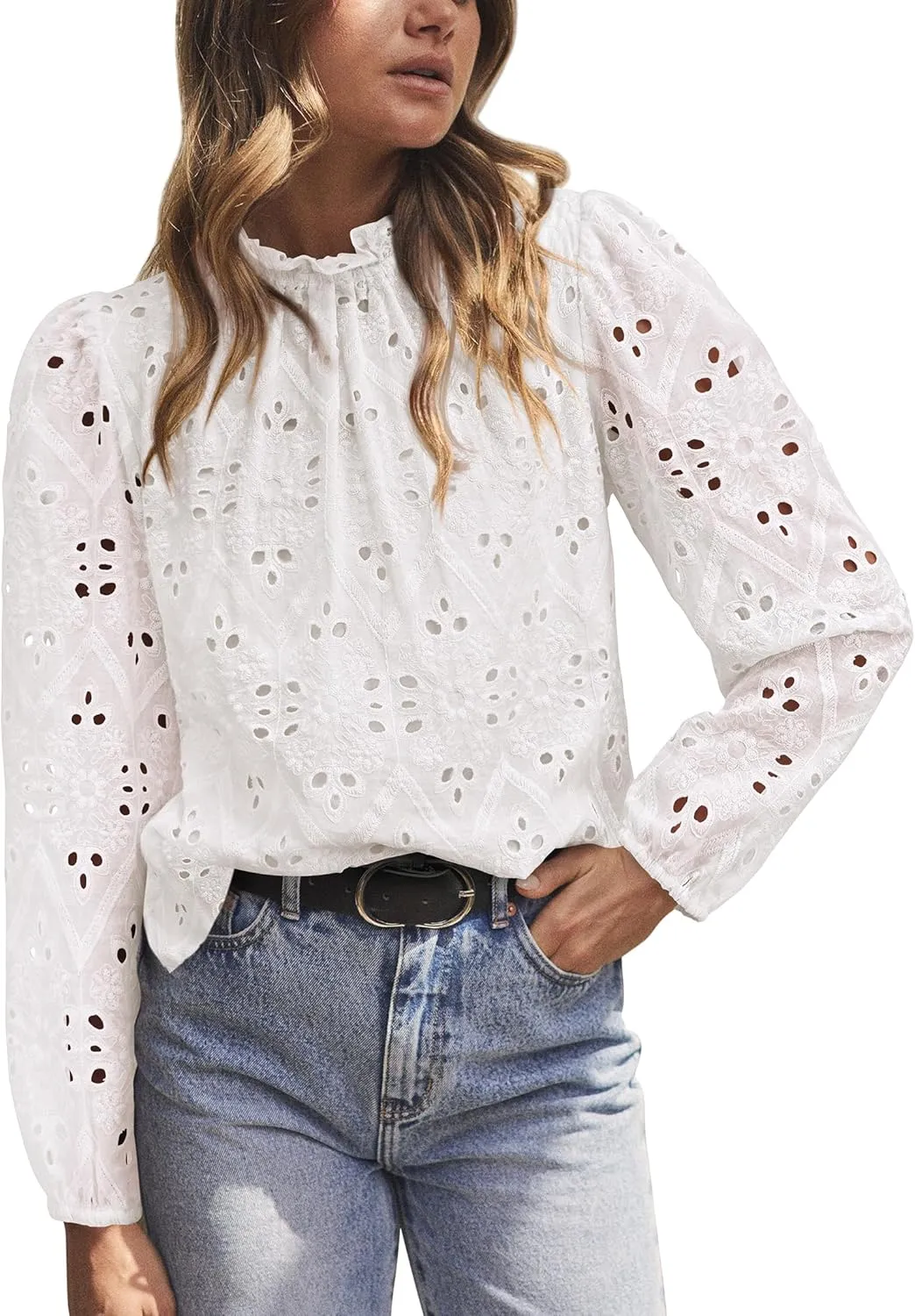 PRETTYGARDEN Tops for Women Trendy 2025 Spring Long Sleeve Blouses Dressy Casual Embroidered Eyelet Going Out Shirts