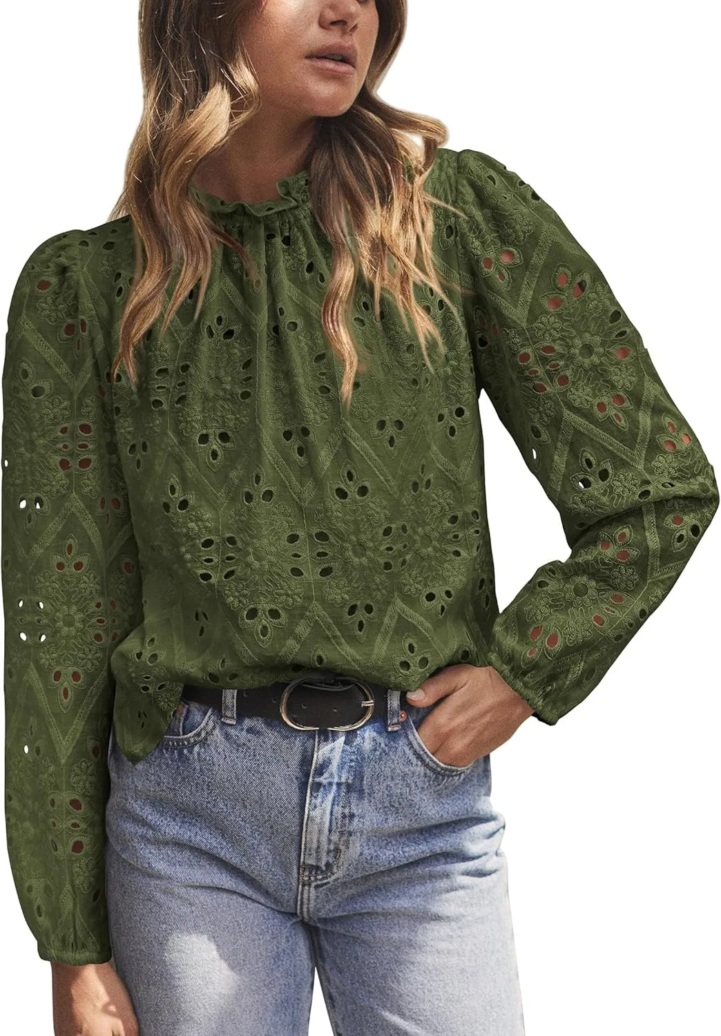 PRETTYGARDEN Tops for Women Trendy 2025 Spring Long Sleeve Blouses Dressy Casual Embroidered Eyelet Going Out Shirts