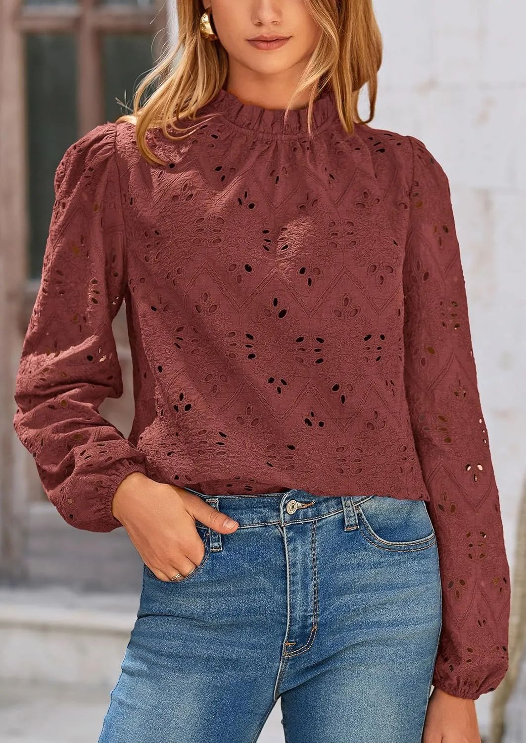 PRETTYGARDEN Tops for Women Trendy 2025 Spring Long Sleeve Blouses Dressy Casual Embroidered Eyelet Going Out Shirts