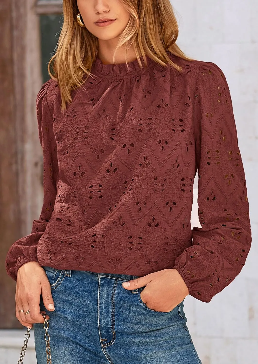 PRETTYGARDEN Tops for Women Trendy 2025 Spring Long Sleeve Blouses Dressy Casual Embroidered Eyelet Going Out Shirts