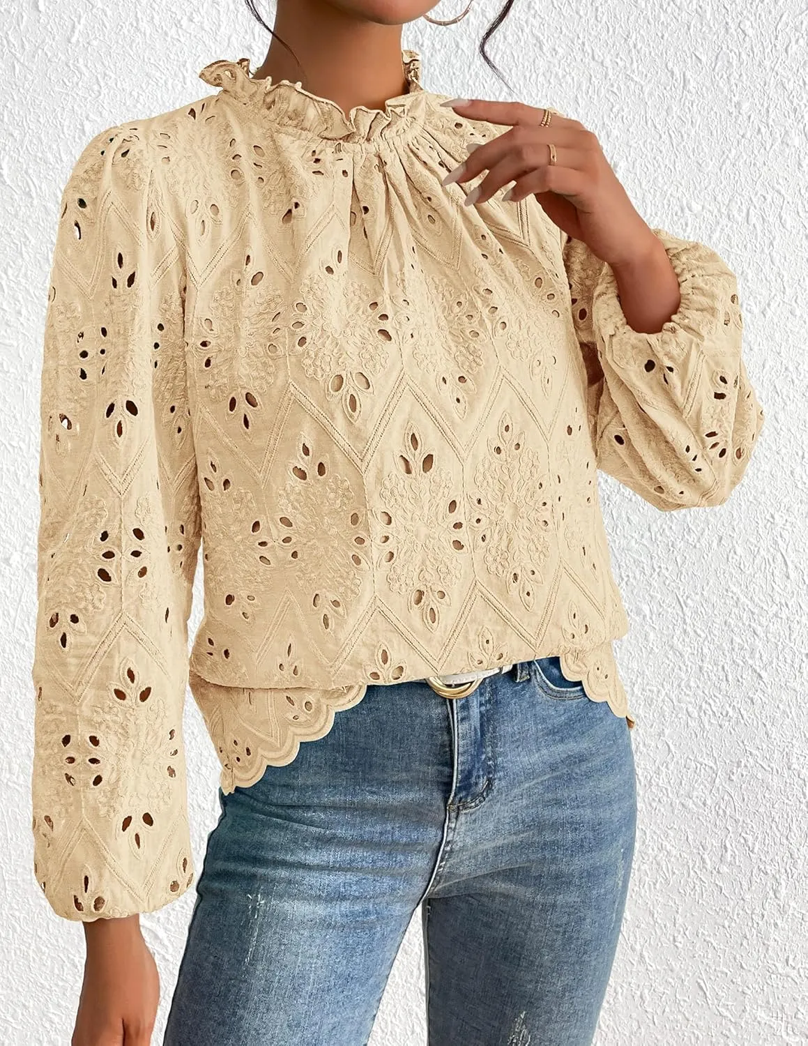 PRETTYGARDEN Tops for Women Trendy 2025 Spring Long Sleeve Blouses Dressy Casual Embroidered Eyelet Going Out Shirts
