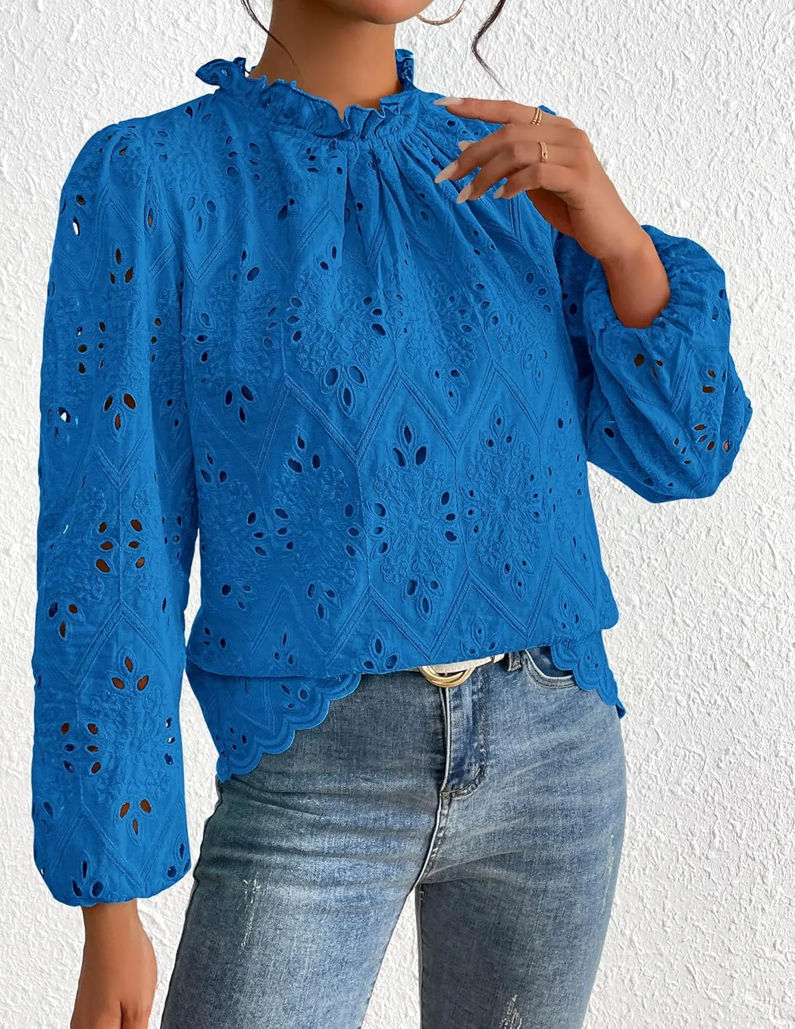 PRETTYGARDEN Tops for Women Trendy 2025 Spring Long Sleeve Blouses Dressy Casual Embroidered Eyelet Going Out Shirts