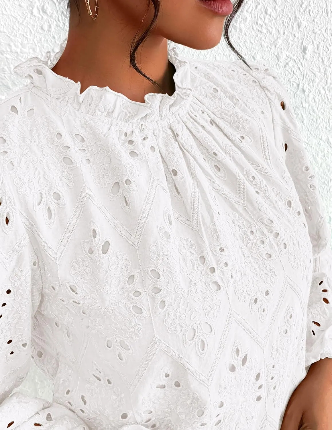PRETTYGARDEN Tops for Women Trendy 2025 Spring Long Sleeve Blouses Dressy Casual Embroidered Eyelet Going Out Shirts