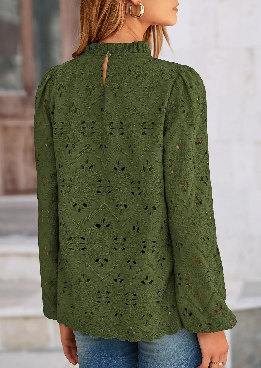 PRETTYGARDEN Tops for Women Trendy 2025 Spring Long Sleeve Blouses Dressy Casual Embroidered Eyelet Going Out Shirts