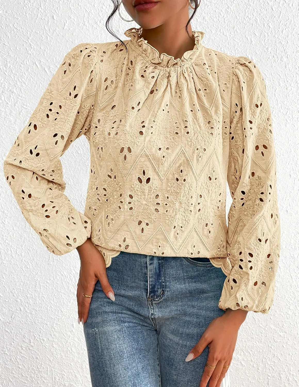 PRETTYGARDEN Tops for Women Trendy 2025 Spring Long Sleeve Blouses Dressy Casual Embroidered Eyelet Going Out Shirts