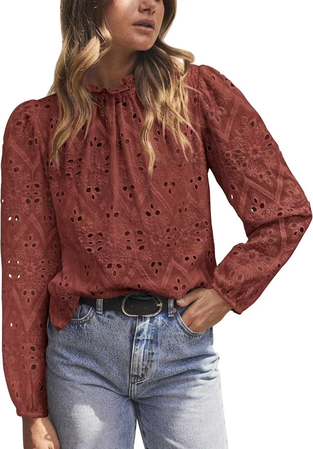PRETTYGARDEN Tops for Women Trendy 2025 Spring Long Sleeve Blouses Dressy Casual Embroidered Eyelet Going Out Shirts