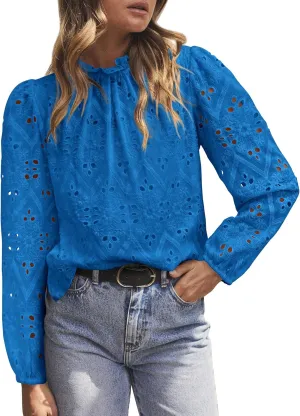 PRETTYGARDEN Tops for Women Trendy 2025 Spring Long Sleeve Blouses Dressy Casual Embroidered Eyelet Going Out Shirts