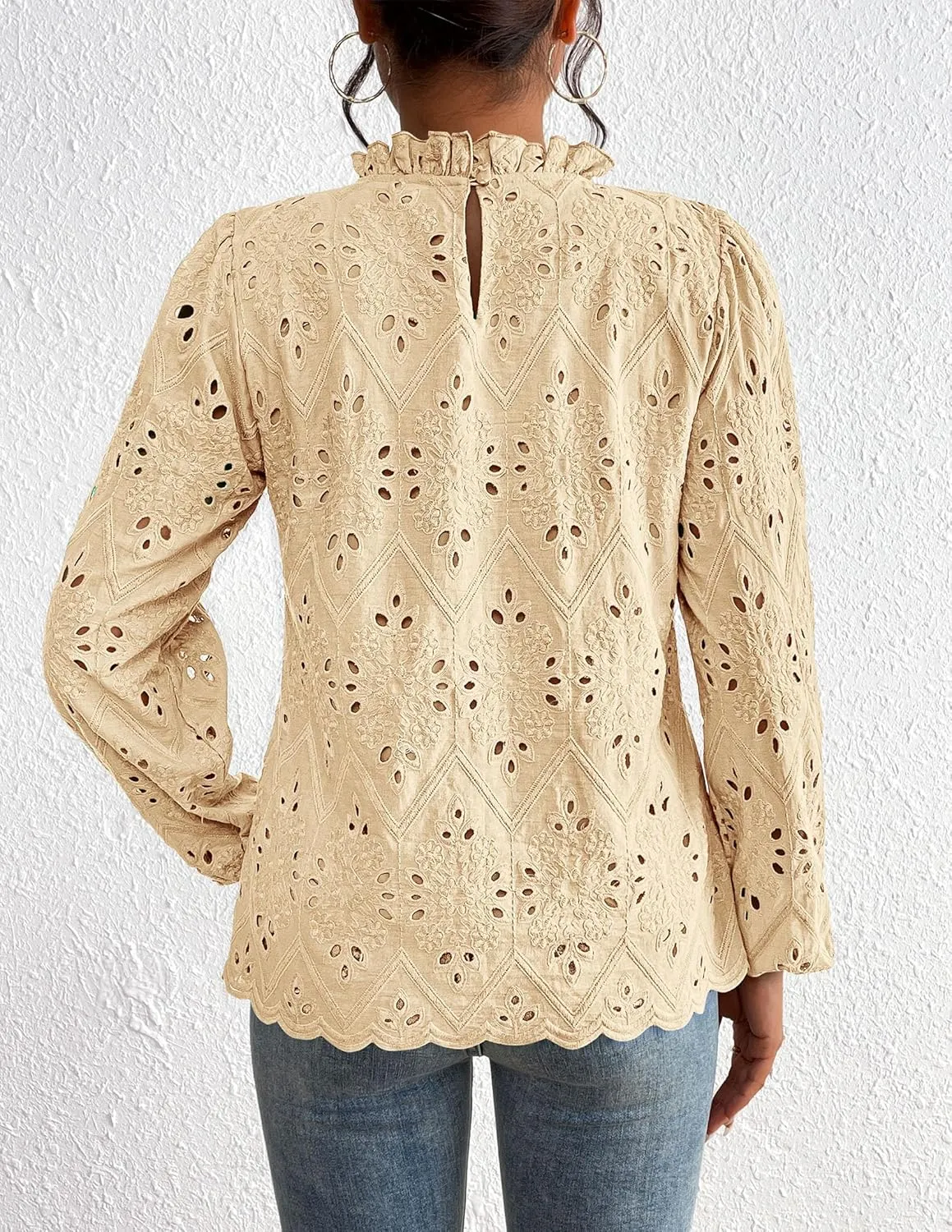 PRETTYGARDEN Tops for Women Trendy 2025 Spring Long Sleeve Blouses Dressy Casual Embroidered Eyelet Going Out Shirts