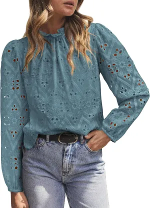 PRETTYGARDEN Tops for Women Trendy 2025 Spring Long Sleeve Blouses Dressy Casual Embroidered Eyelet Going Out Shirts