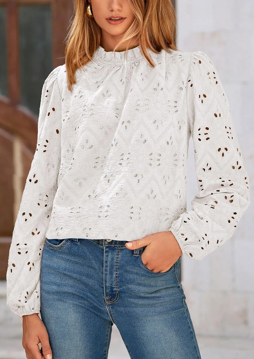 PRETTYGARDEN Tops for Women Trendy 2025 Spring Long Sleeve Blouses Dressy Casual Embroidered Eyelet Going Out Shirts