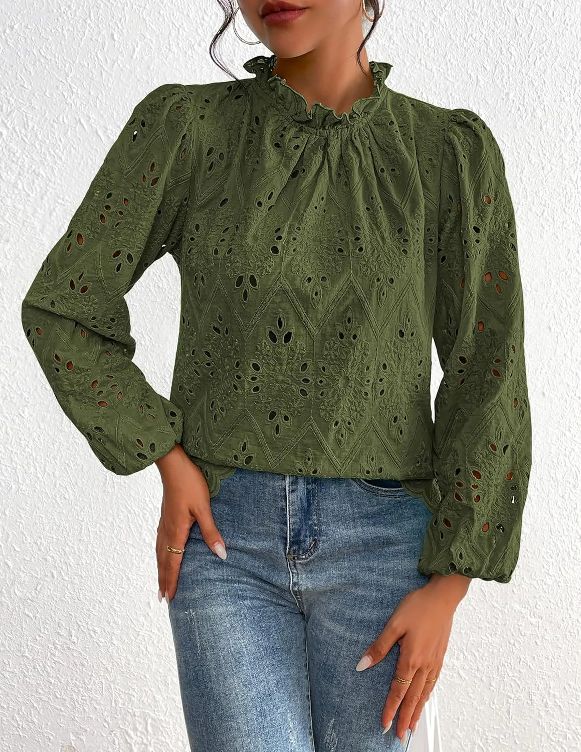 PRETTYGARDEN Tops for Women Trendy 2025 Spring Long Sleeve Blouses Dressy Casual Embroidered Eyelet Going Out Shirts
