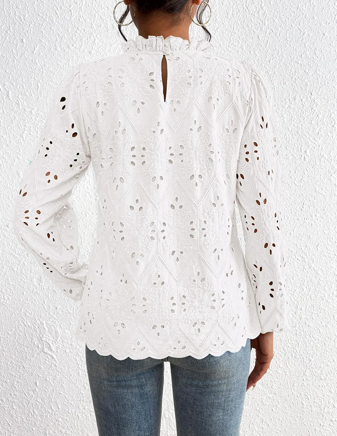 PRETTYGARDEN Tops for Women Trendy 2025 Spring Long Sleeve Blouses Dressy Casual Embroidered Eyelet Going Out Shirts