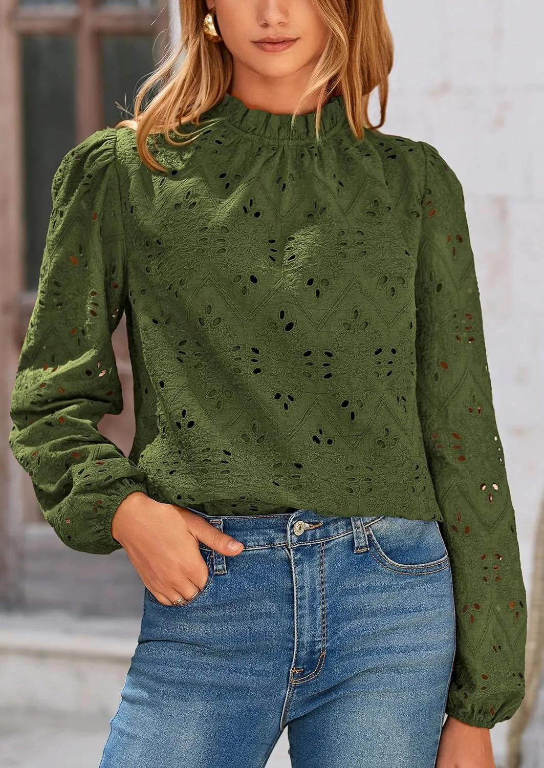 PRETTYGARDEN Tops for Women Trendy 2025 Spring Long Sleeve Blouses Dressy Casual Embroidered Eyelet Going Out Shirts