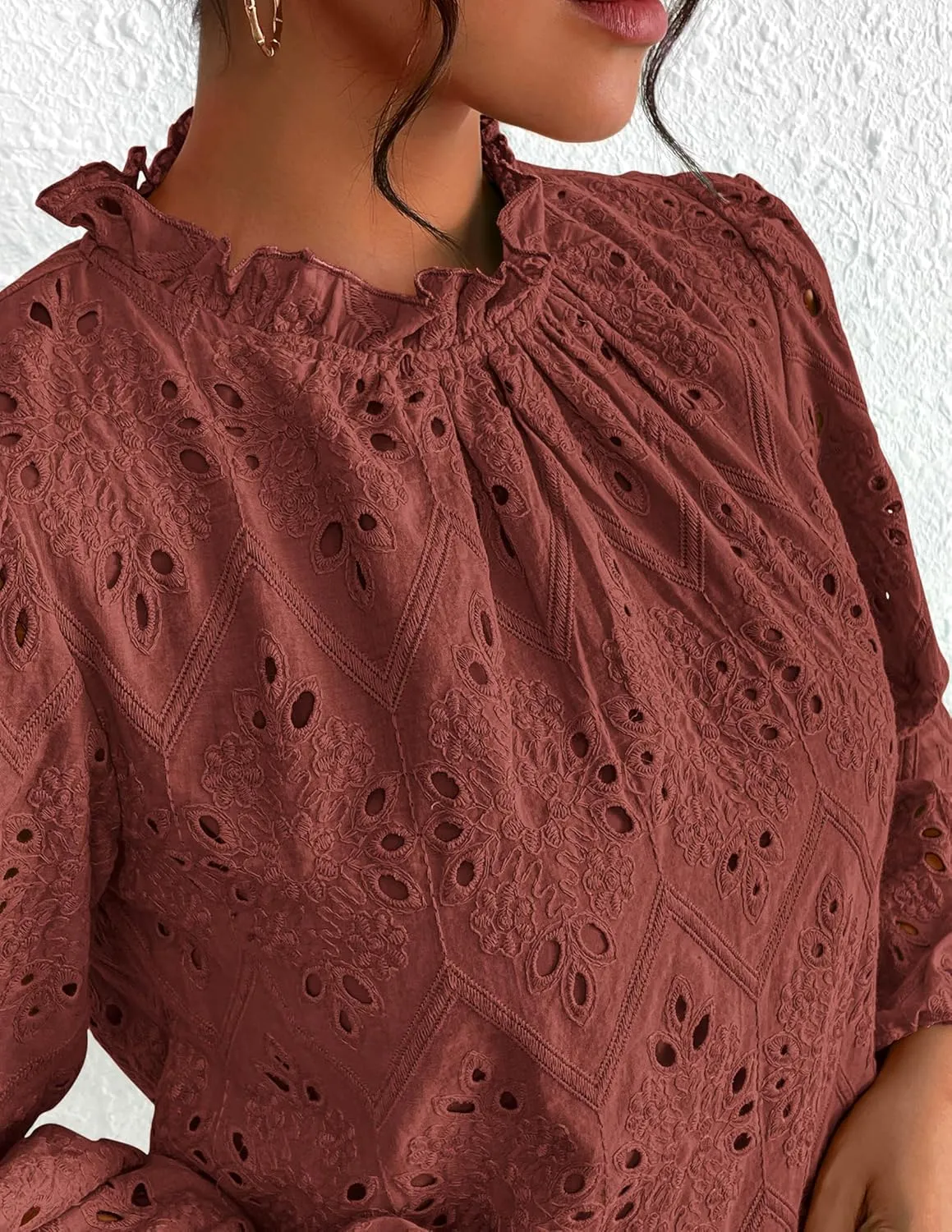 PRETTYGARDEN Tops for Women Trendy 2025 Spring Long Sleeve Blouses Dressy Casual Embroidered Eyelet Going Out Shirts