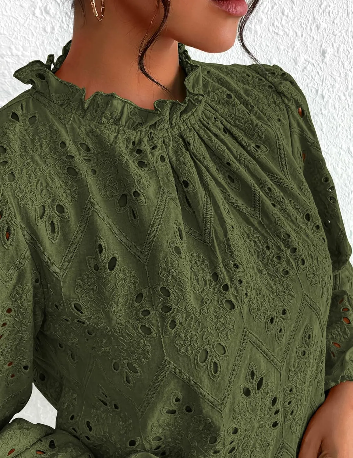 PRETTYGARDEN Tops for Women Trendy 2025 Spring Long Sleeve Blouses Dressy Casual Embroidered Eyelet Going Out Shirts