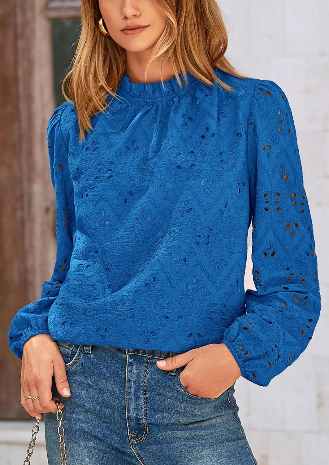 PRETTYGARDEN Tops for Women Trendy 2025 Spring Long Sleeve Blouses Dressy Casual Embroidered Eyelet Going Out Shirts