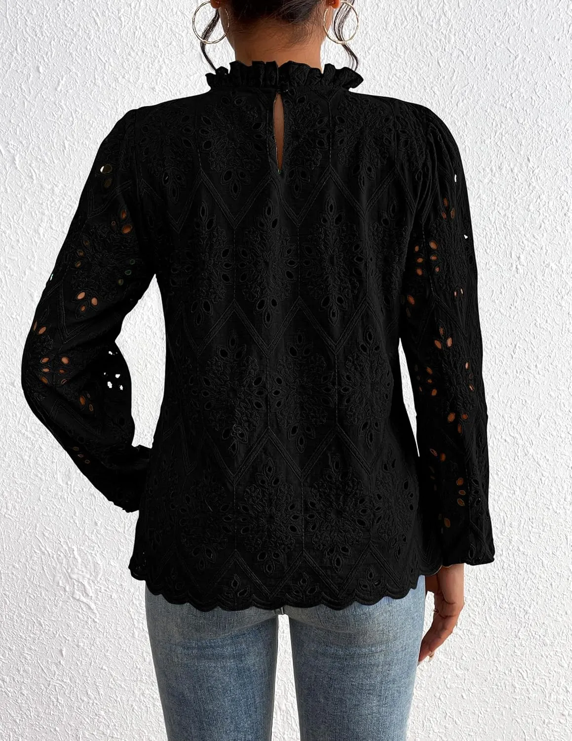PRETTYGARDEN Tops for Women Trendy 2025 Spring Long Sleeve Blouses Dressy Casual Embroidered Eyelet Going Out Shirts