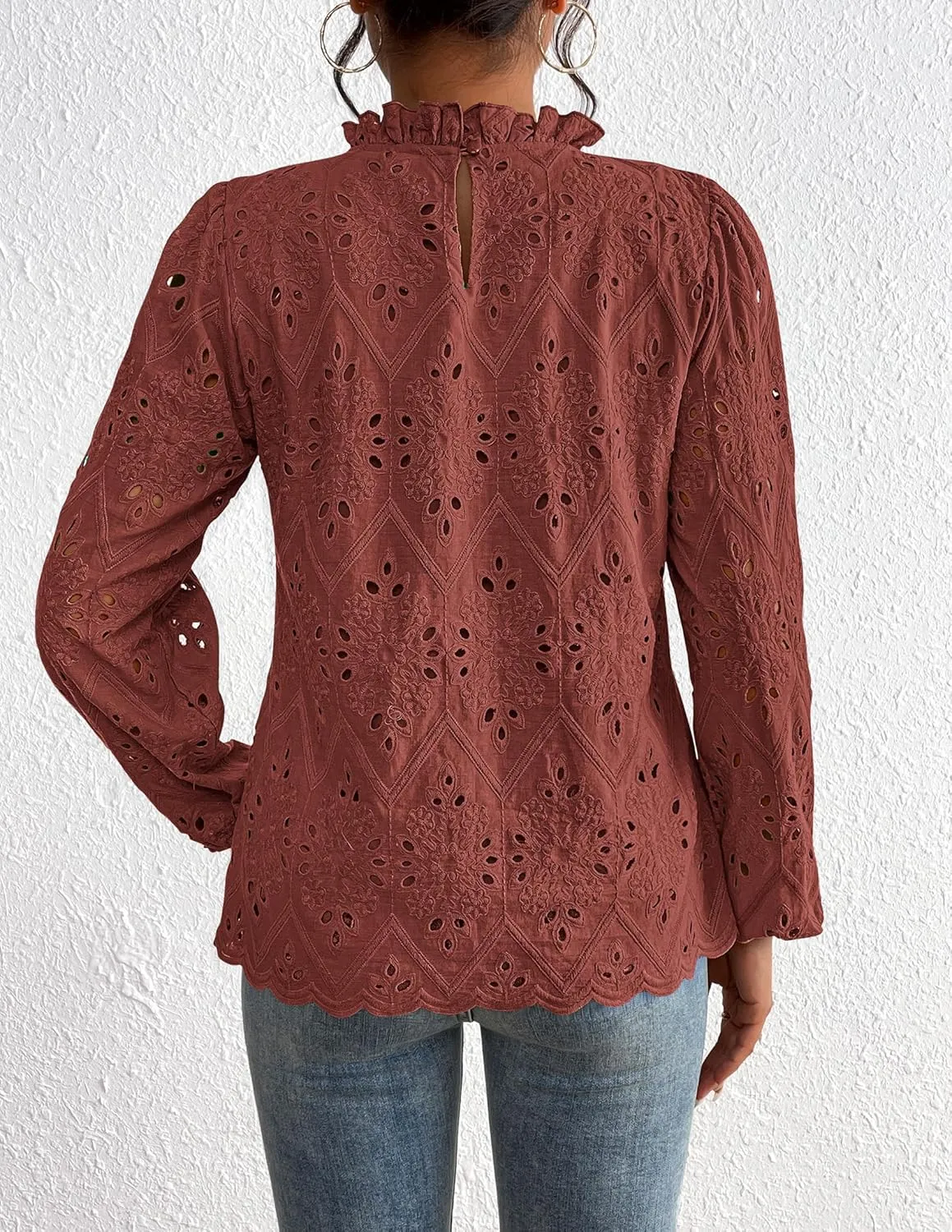 PRETTYGARDEN Tops for Women Trendy 2025 Spring Long Sleeve Blouses Dressy Casual Embroidered Eyelet Going Out Shirts