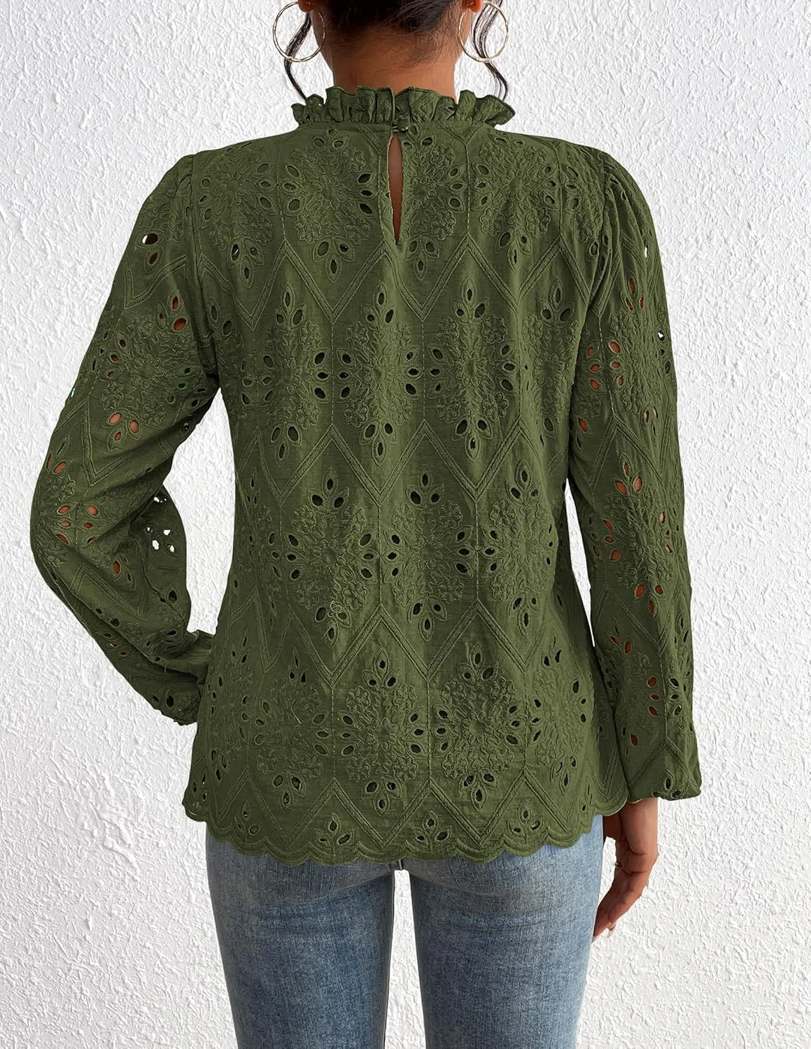 PRETTYGARDEN Tops for Women Trendy 2025 Spring Long Sleeve Blouses Dressy Casual Embroidered Eyelet Going Out Shirts