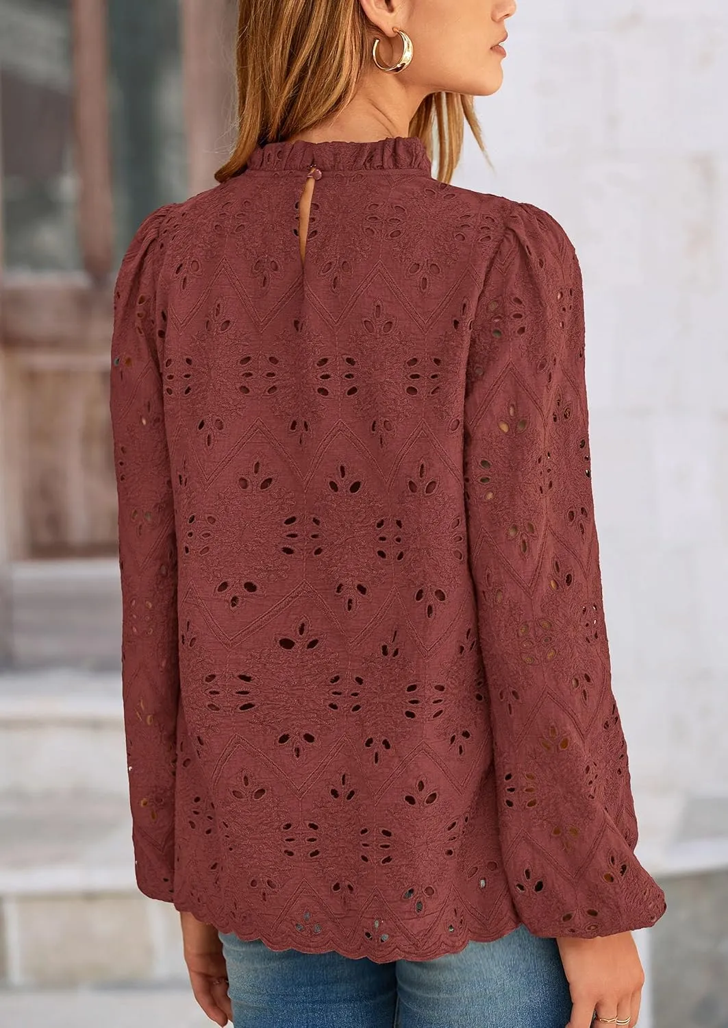 PRETTYGARDEN Tops for Women Trendy 2025 Spring Long Sleeve Blouses Dressy Casual Embroidered Eyelet Going Out Shirts