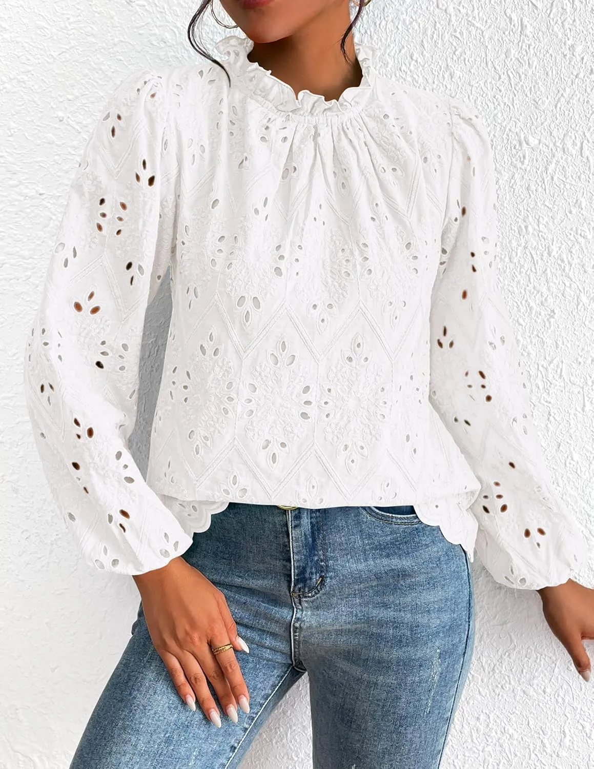 PRETTYGARDEN Tops for Women Trendy 2025 Spring Long Sleeve Blouses Dressy Casual Embroidered Eyelet Going Out Shirts