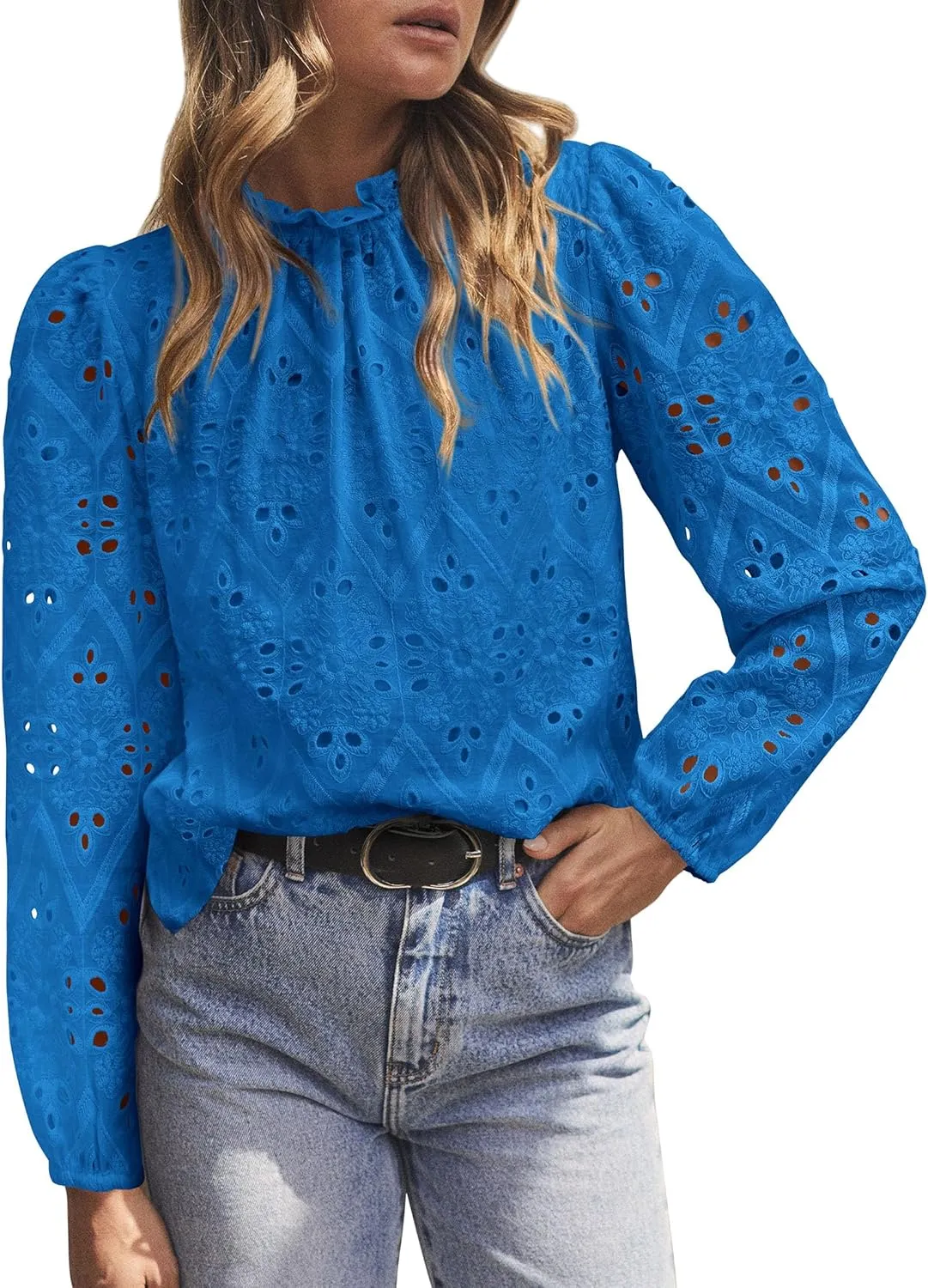 PRETTYGARDEN Tops for Women Trendy 2025 Spring Long Sleeve Blouses Dressy Casual Embroidered Eyelet Going Out Shirts