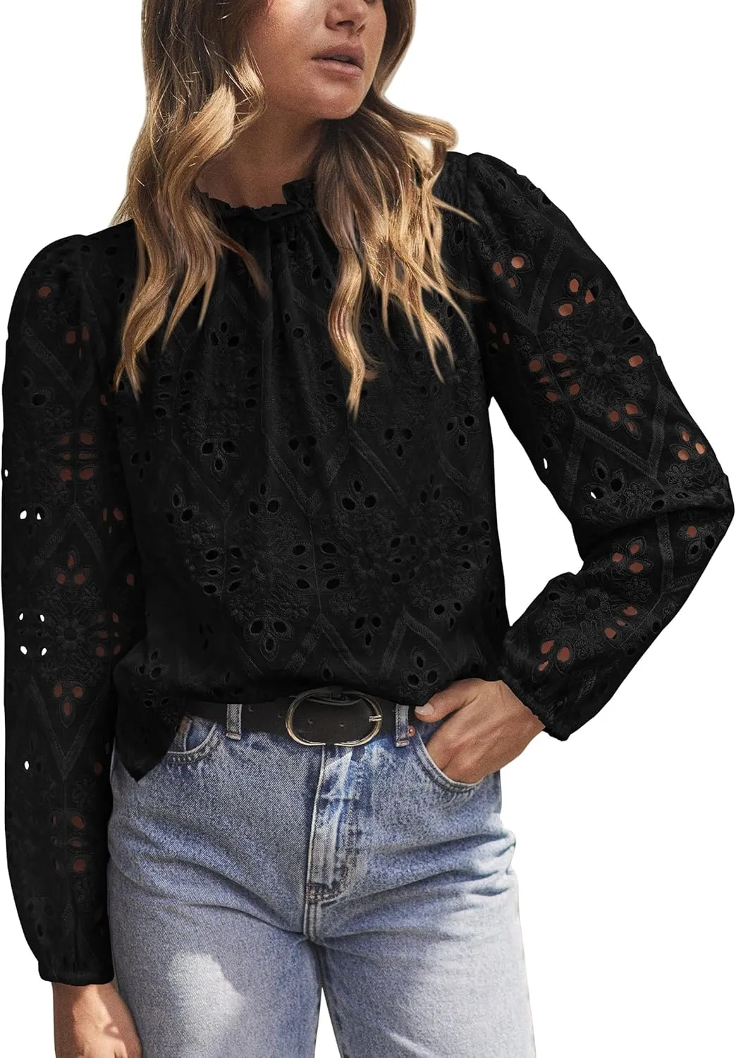PRETTYGARDEN Tops for Women Trendy 2025 Spring Long Sleeve Blouses Dressy Casual Embroidered Eyelet Going Out Shirts