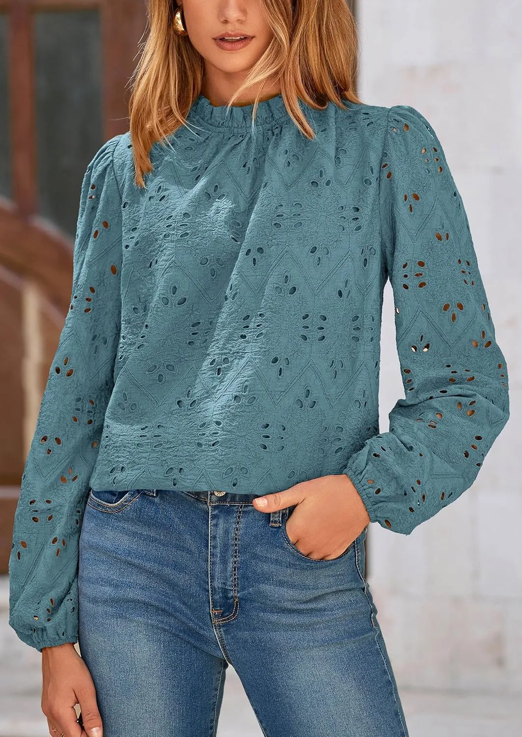 PRETTYGARDEN Tops for Women Trendy 2025 Spring Long Sleeve Blouses Dressy Casual Embroidered Eyelet Going Out Shirts