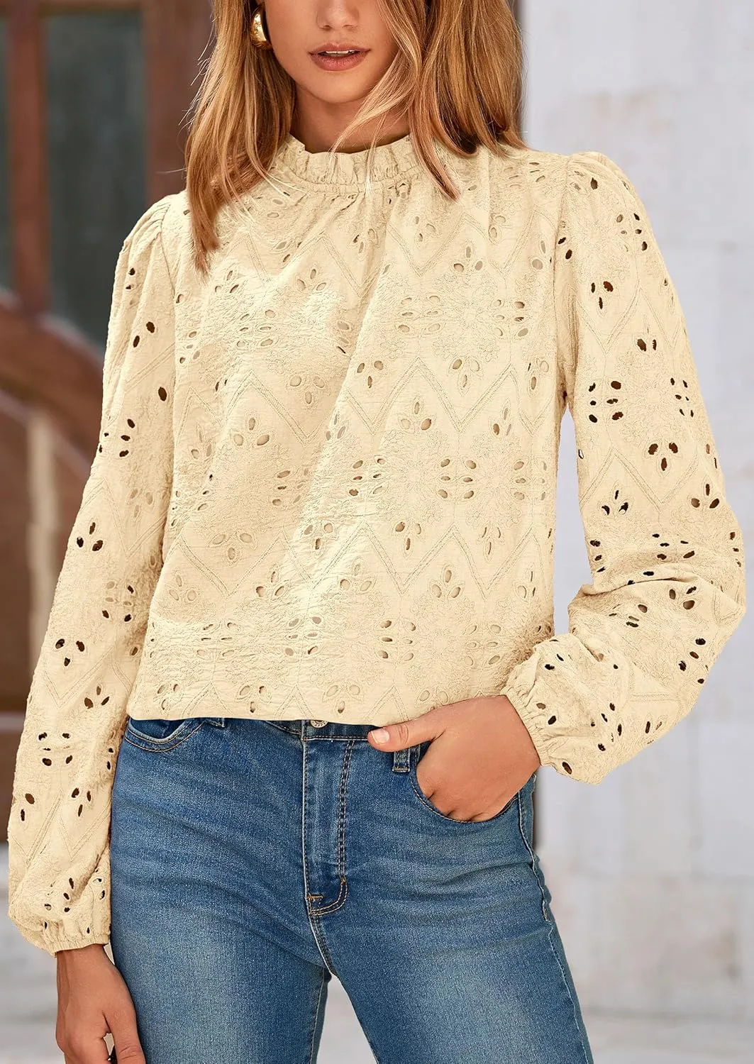 PRETTYGARDEN Tops for Women Trendy 2025 Spring Long Sleeve Blouses Dressy Casual Embroidered Eyelet Going Out Shirts