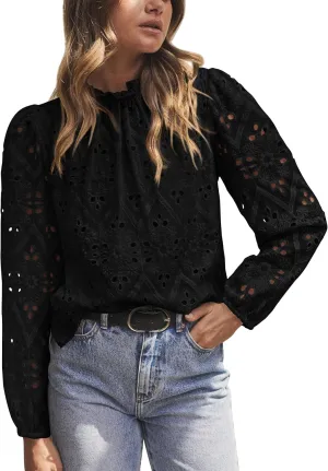 PRETTYGARDEN Tops for Women Trendy 2025 Spring Long Sleeve Blouses Dressy Casual Embroidered Eyelet Going Out Shirts