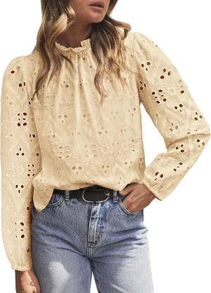 PRETTYGARDEN Tops for Women Trendy 2025 Spring Long Sleeve Blouses Dressy Casual Embroidered Eyelet Going Out Shirts
