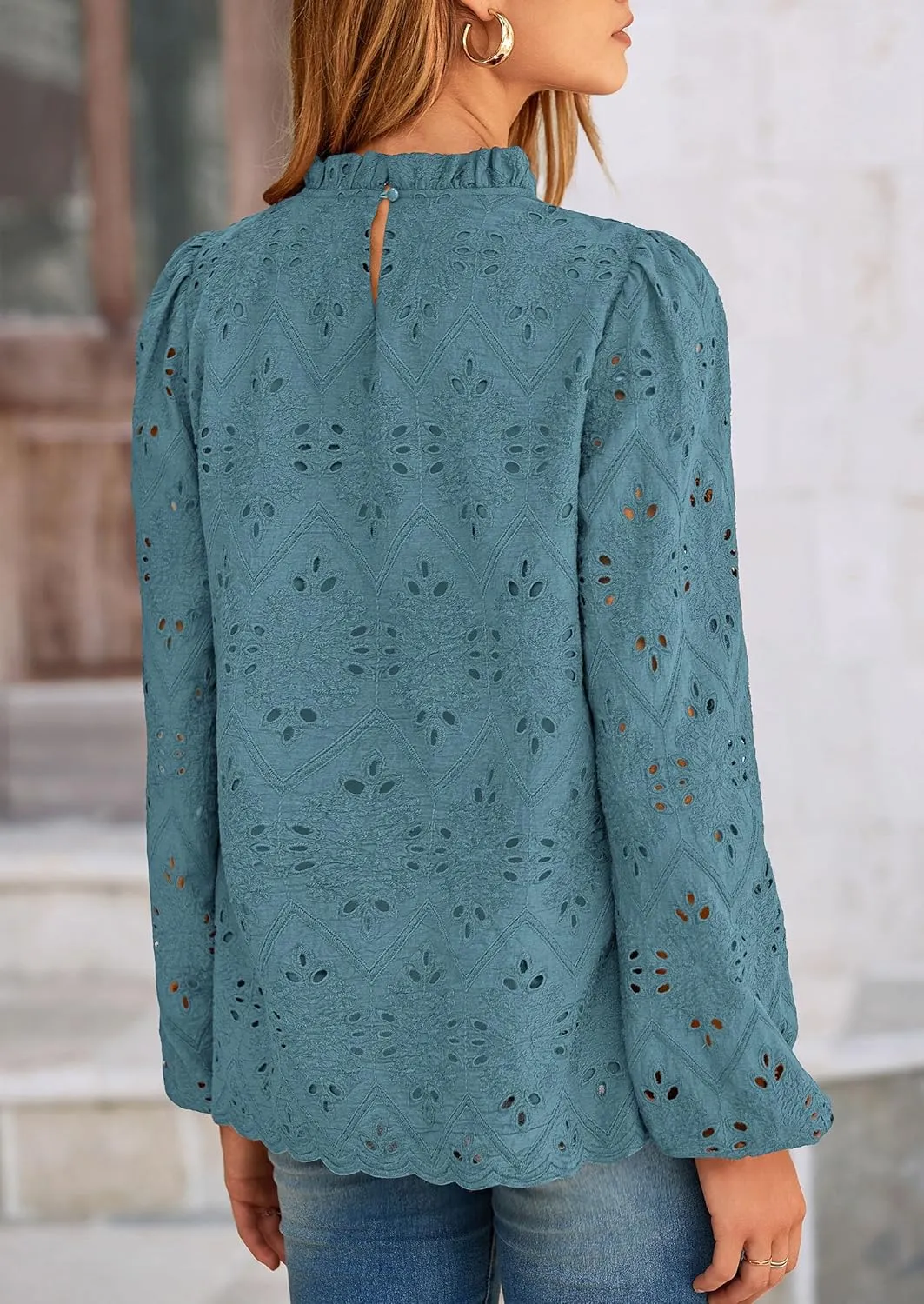 PRETTYGARDEN Tops for Women Trendy 2025 Spring Long Sleeve Blouses Dressy Casual Embroidered Eyelet Going Out Shirts