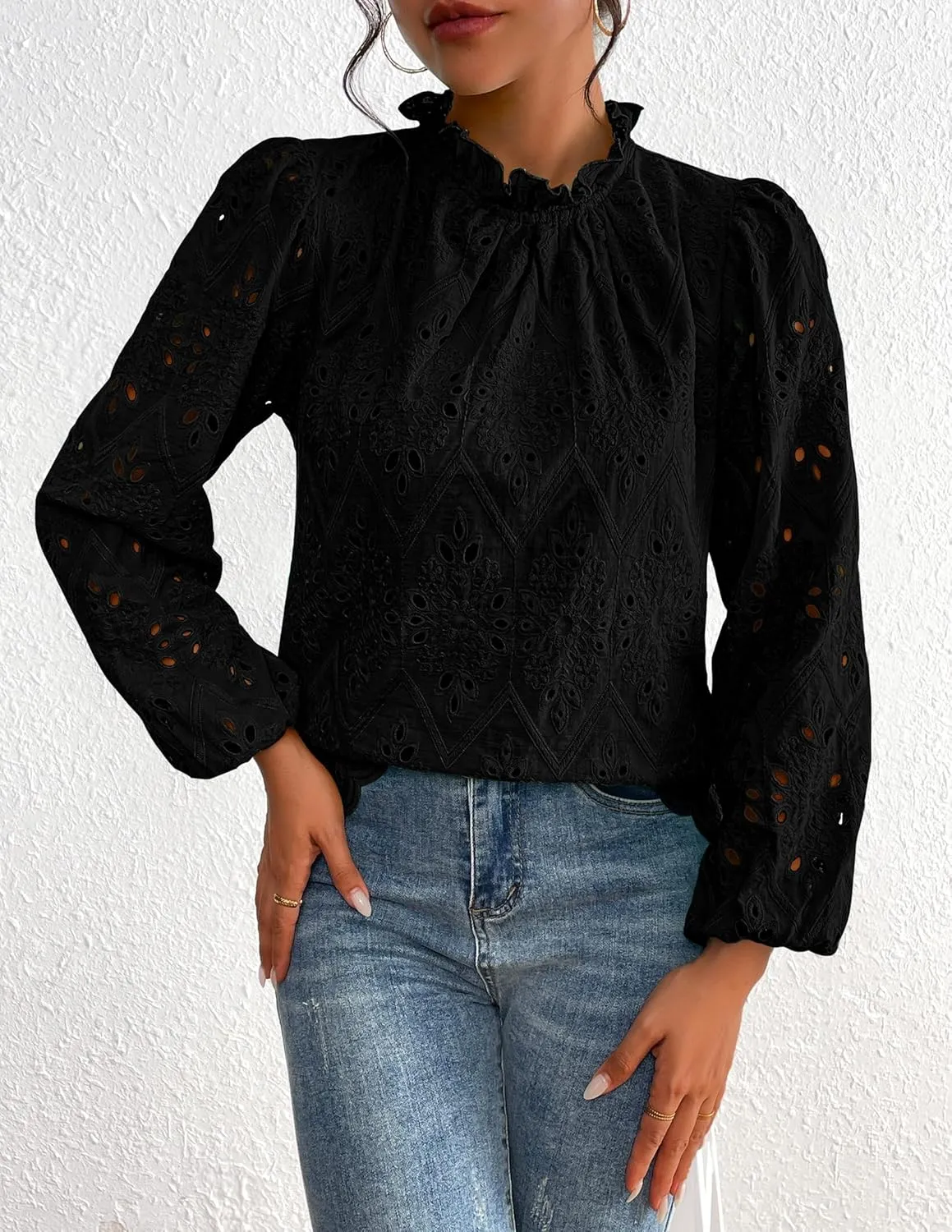 PRETTYGARDEN Tops for Women Trendy 2025 Spring Long Sleeve Blouses Dressy Casual Embroidered Eyelet Going Out Shirts