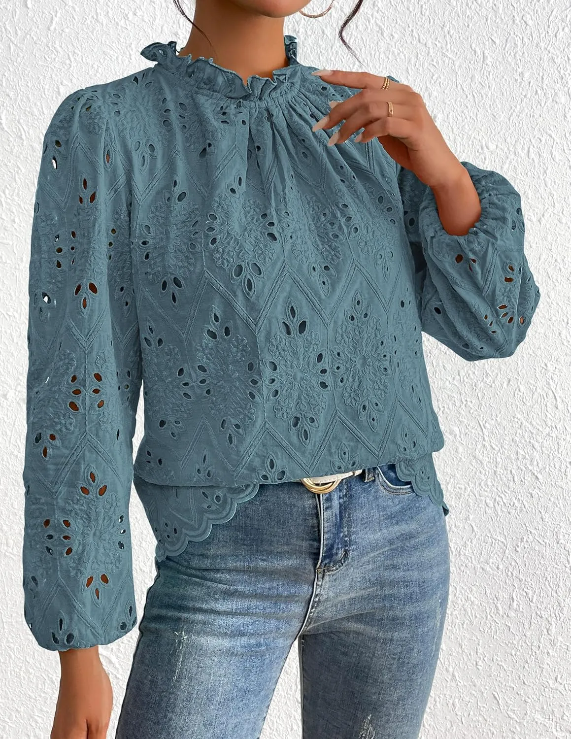PRETTYGARDEN Tops for Women Trendy 2025 Spring Long Sleeve Blouses Dressy Casual Embroidered Eyelet Going Out Shirts