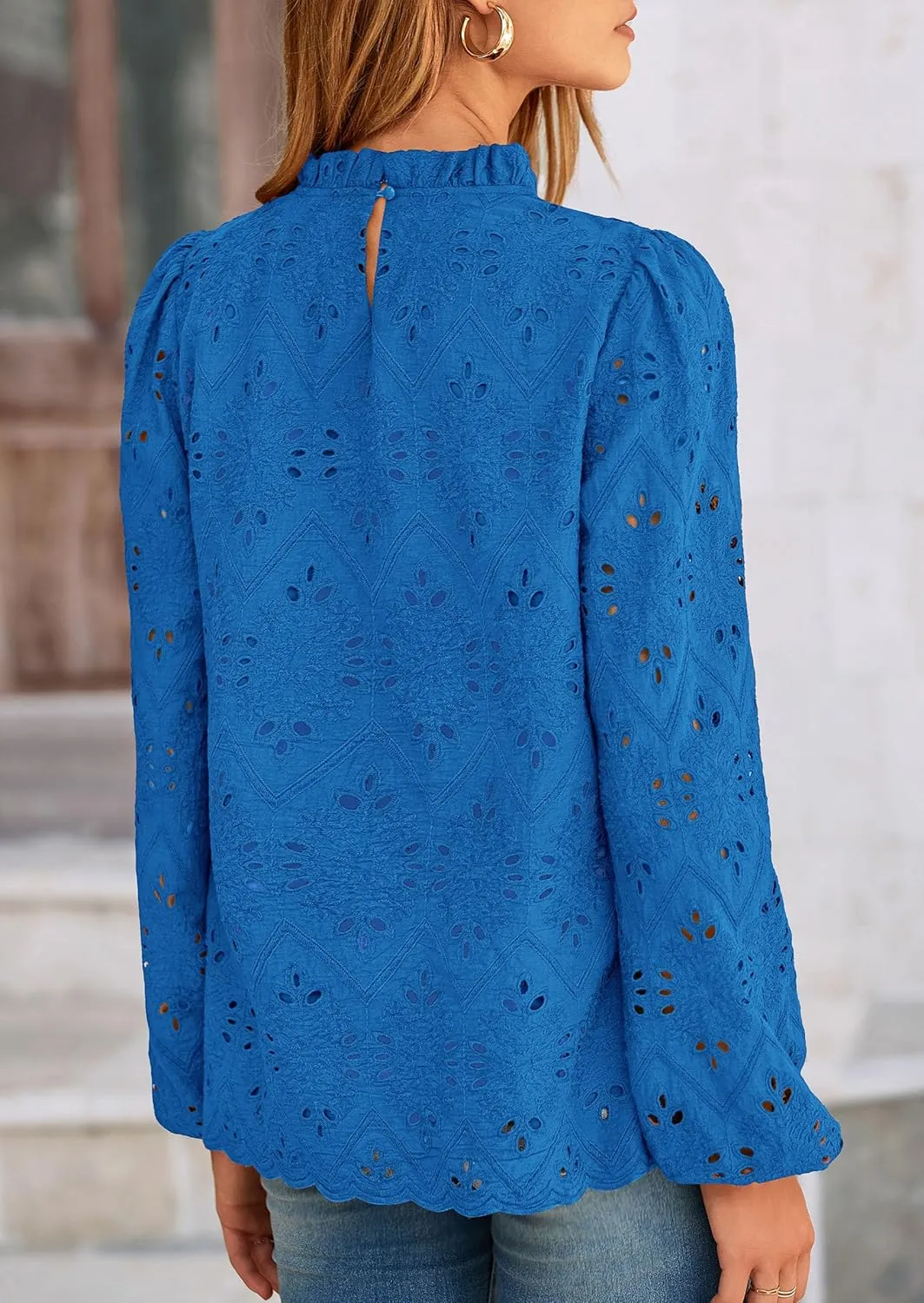 PRETTYGARDEN Tops for Women Trendy 2025 Spring Long Sleeve Blouses Dressy Casual Embroidered Eyelet Going Out Shirts