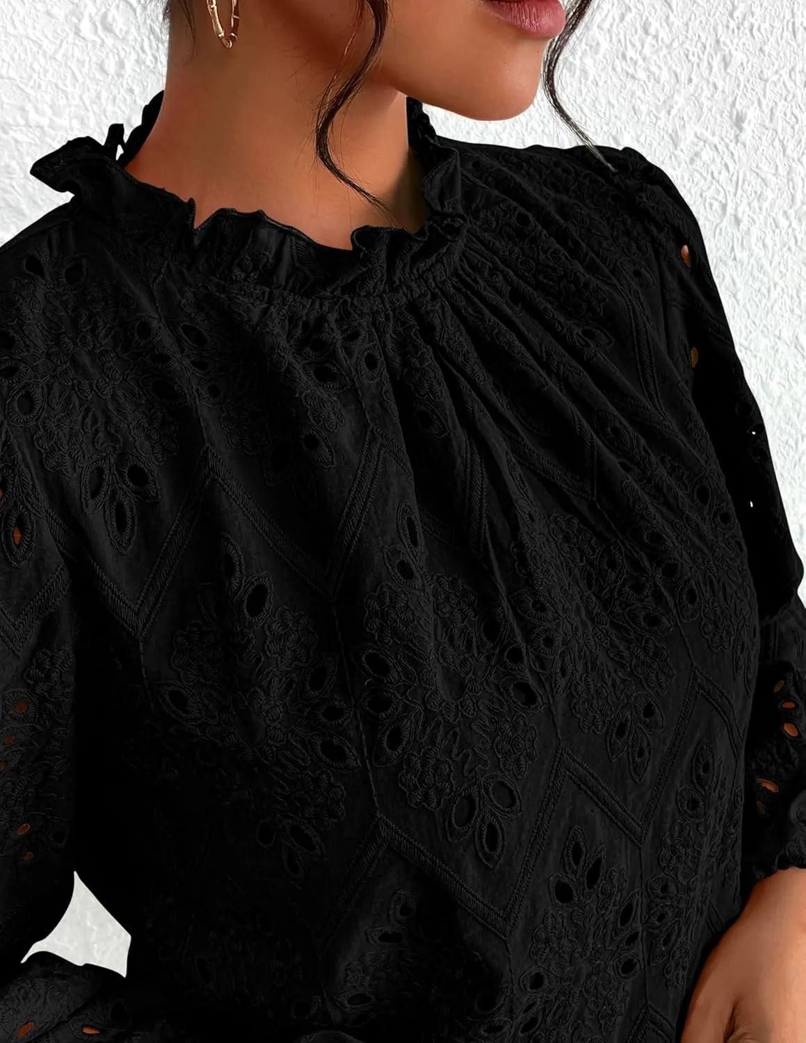 PRETTYGARDEN Tops for Women Trendy 2025 Spring Long Sleeve Blouses Dressy Casual Embroidered Eyelet Going Out Shirts