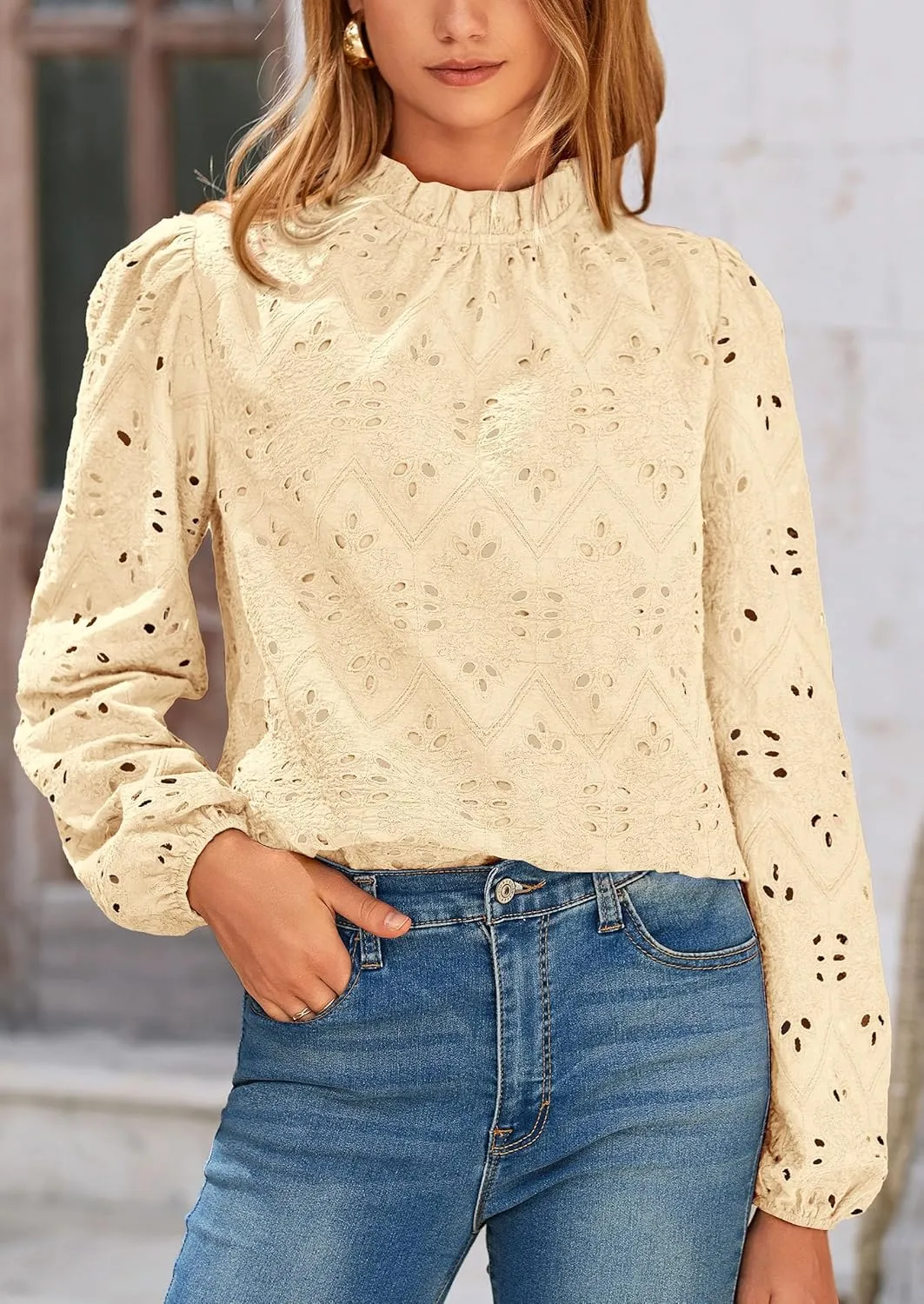PRETTYGARDEN Tops for Women Trendy 2025 Spring Long Sleeve Blouses Dressy Casual Embroidered Eyelet Going Out Shirts